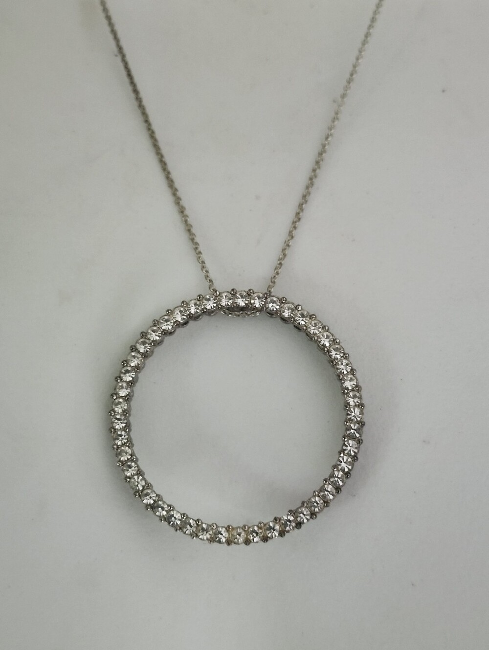 Sparkling Clear Crystal Circle Pendant Necklace - Silver Tone Delicate Chain